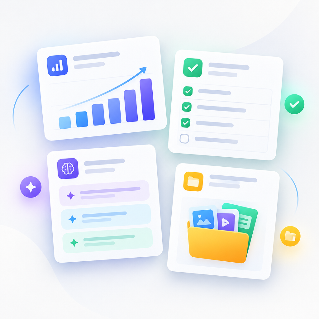 Compact digital product interface cards with clean analytics widgets, folder tiles, and AI prompt snippets in a modern minimal tech style