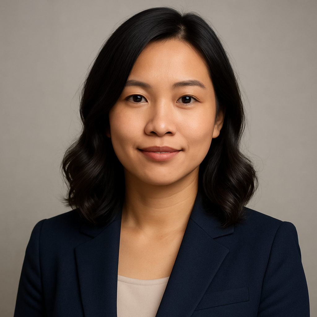 Professional headshot of a Vietnamese woman with shoulder-length wavy hair wearing a navy blazer.