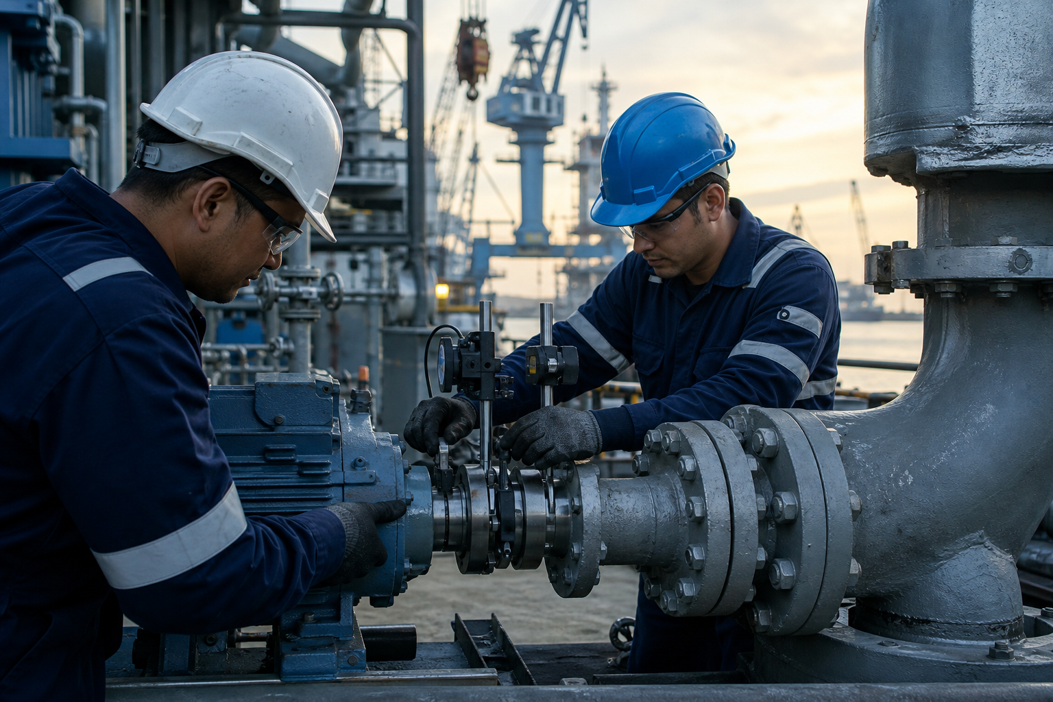 Equipe técnica realizando alinhamento e inspeção de equipamento industrial em ambiente portuário