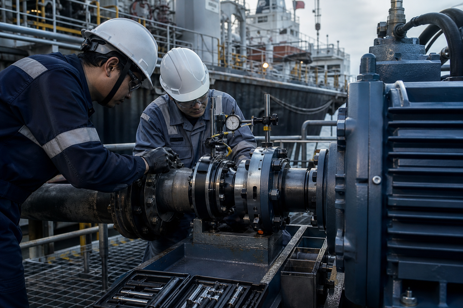 Equipe técnica em operação de manutenção mecânica em ambiente industrial marítimo