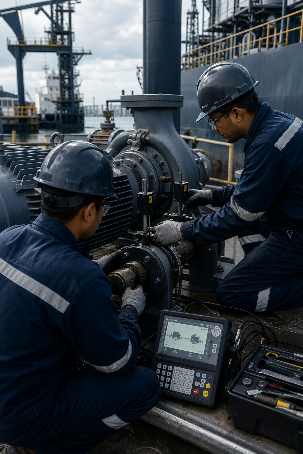Techniciens en intervention mécanique industrielle et maritime sur site avec contrôle d’alignement
