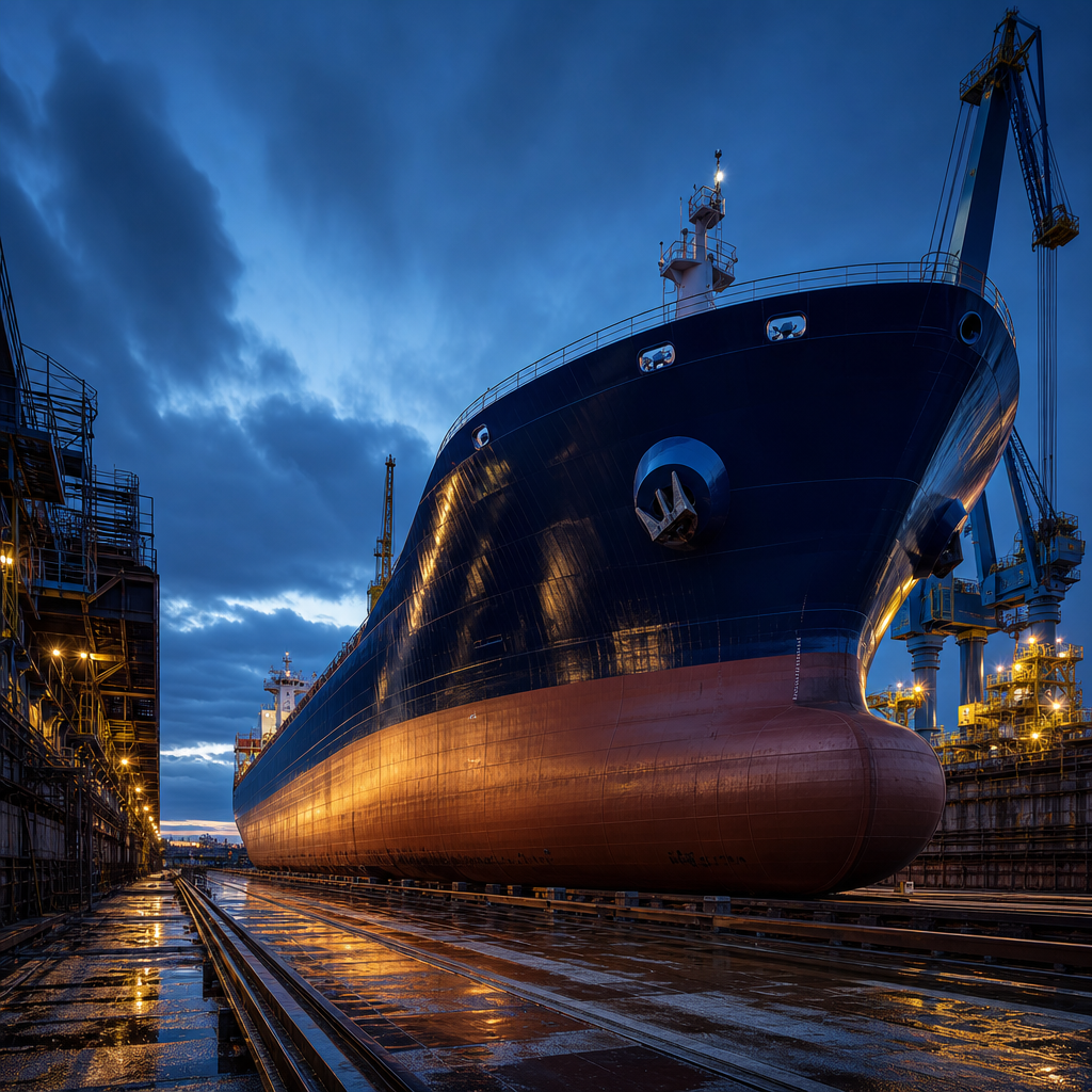 Navio de grande porte atracado em estaleiro industrial com guindastes, doca e estruturas metálicas ao entardecer