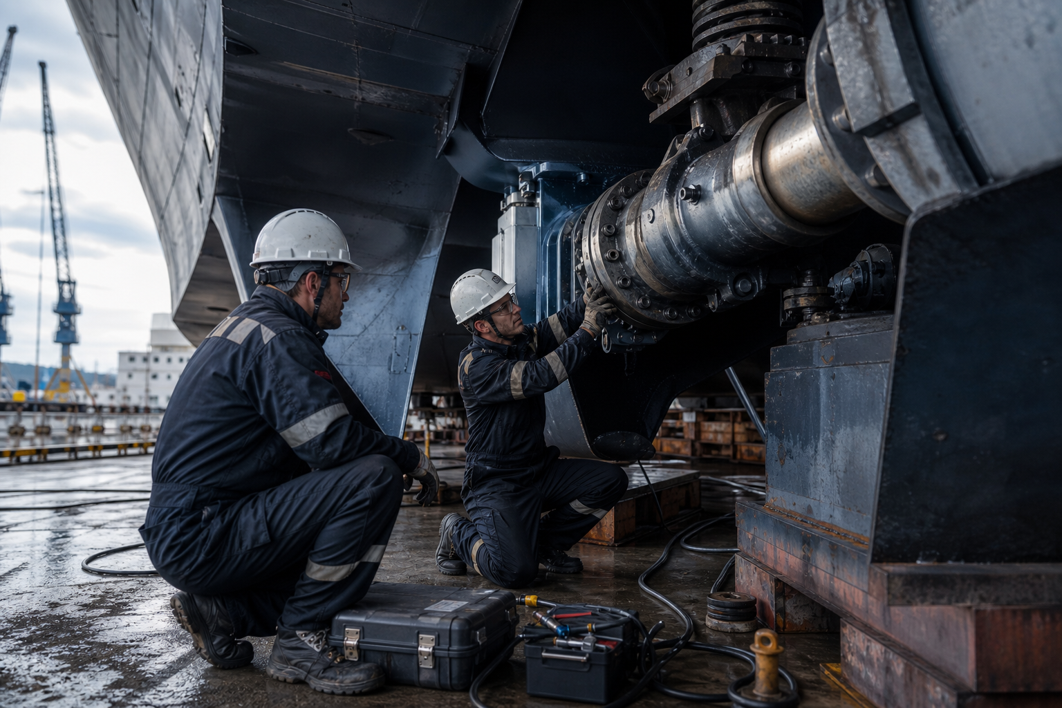 Équipe de maintenance navale intervenant sur un système propulsif en cale sèche