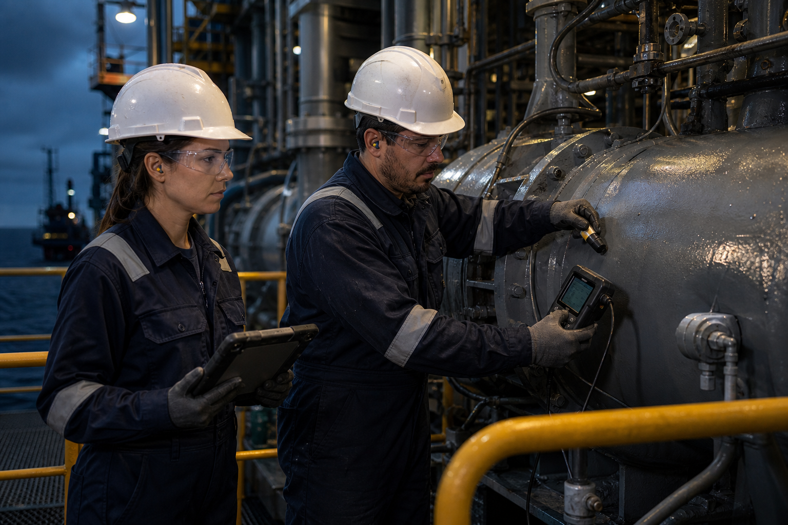 Specialist inspecting industrial equipment with measuring instruments in an offshore environment
