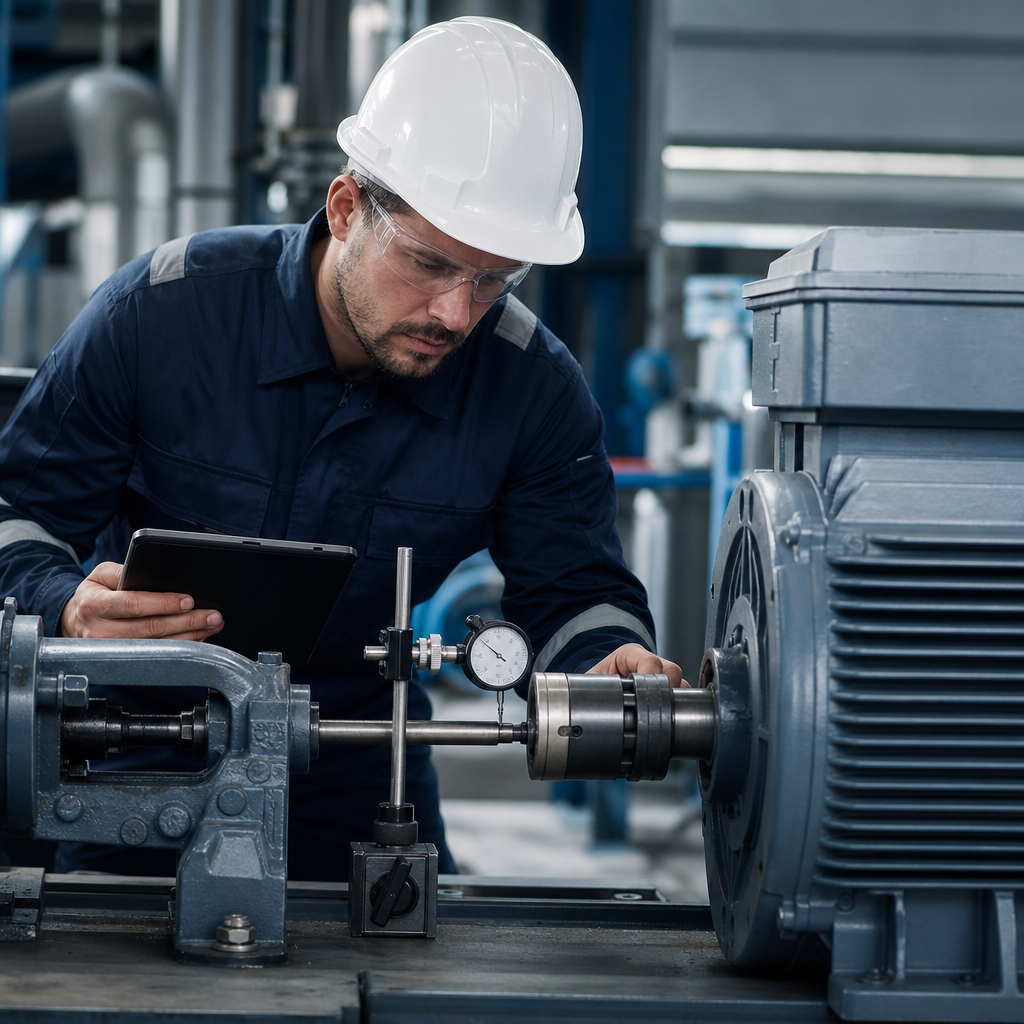 Inspeção técnica de equipamentos industriais com instrumentos de medição em ambiente de operação