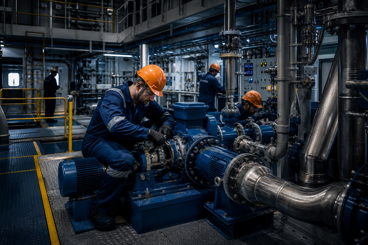 Technical team performing maintenance inside the engine room of a large vessel