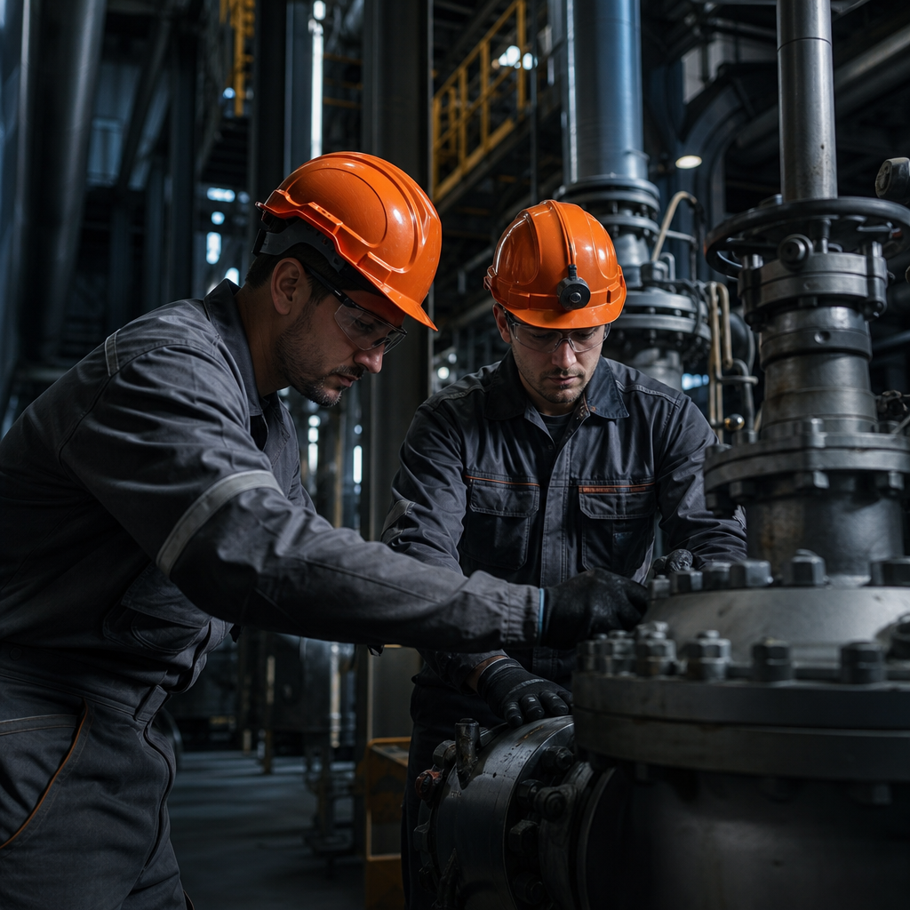 Time de manutenção executando parada industrial em planta com tubulações e equipamentos pesados