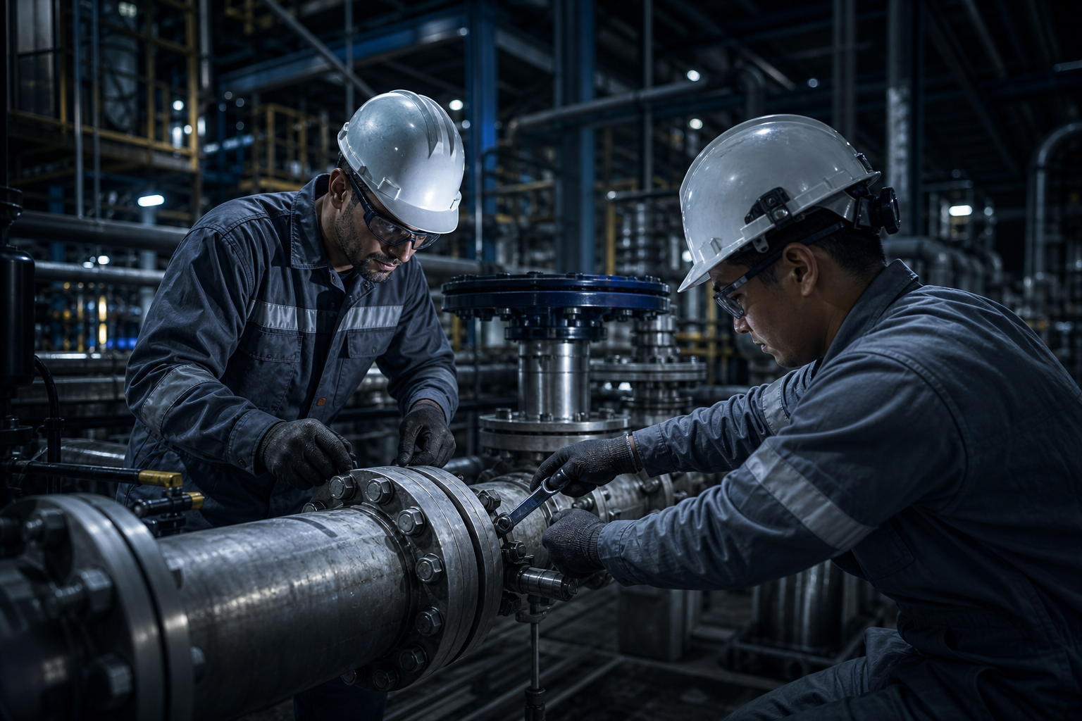 Maintenance crew during an industrial shutdown inside a plant with piping and heavy equipment