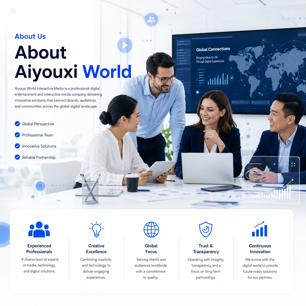 Modern corporate team collaborating with technology interfaces and blue-toned digital media screens