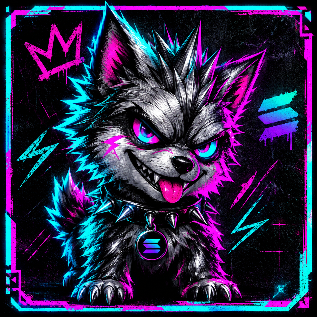 Small framed portrait slot for mucron inu, a spiky chaotic meme hound with neon cyberpunk energy