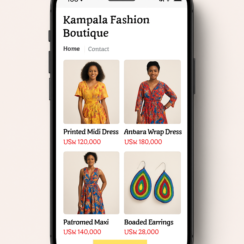 Mobile shop preview for a Kampala fashion boutique with colorful dresses