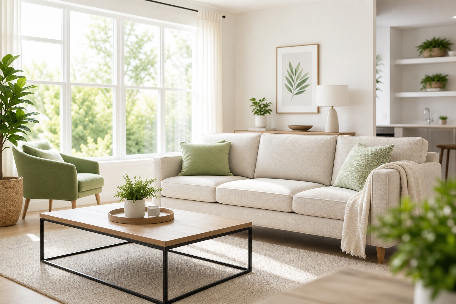 Bright modern living room being professionally cleaned with fresh linens and tidy surfaces