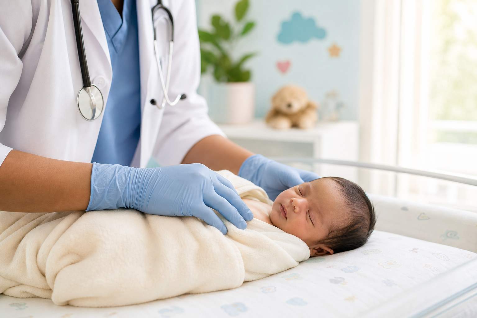 Calm newborn wrapped in a soft blanket while a pediatric care professional gently checks comfort and breathing in a clean clinic setting
