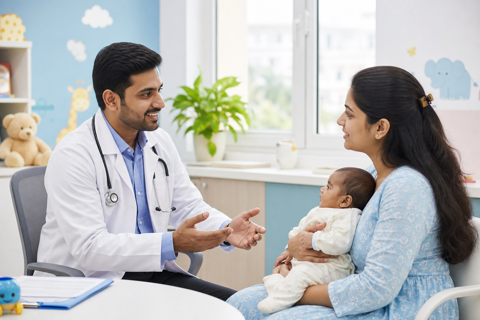 Warm pediatric consultation moment with a mother holding her baby while speaking to a caring doctor in a bright clinic room
