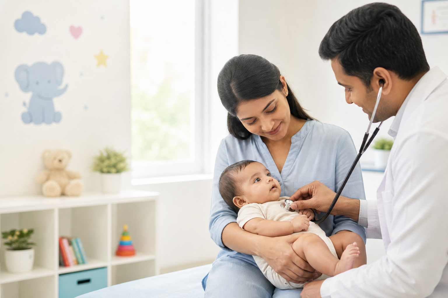 Parent gently holding a calm baby during a pediatric clinic checkup in a bright, clean room