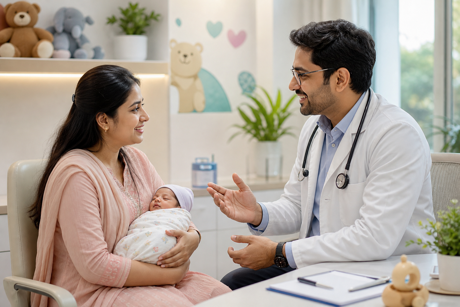 Warm pediatric consultation scene with a mother holding her newborn while the doctor offers reassurance in a clean Hyderabad clinic room
