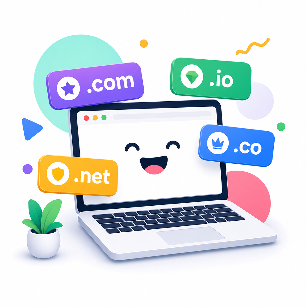 Playful modern illustration of a smiling laptop with floating domain name tags and colorful geometric accents