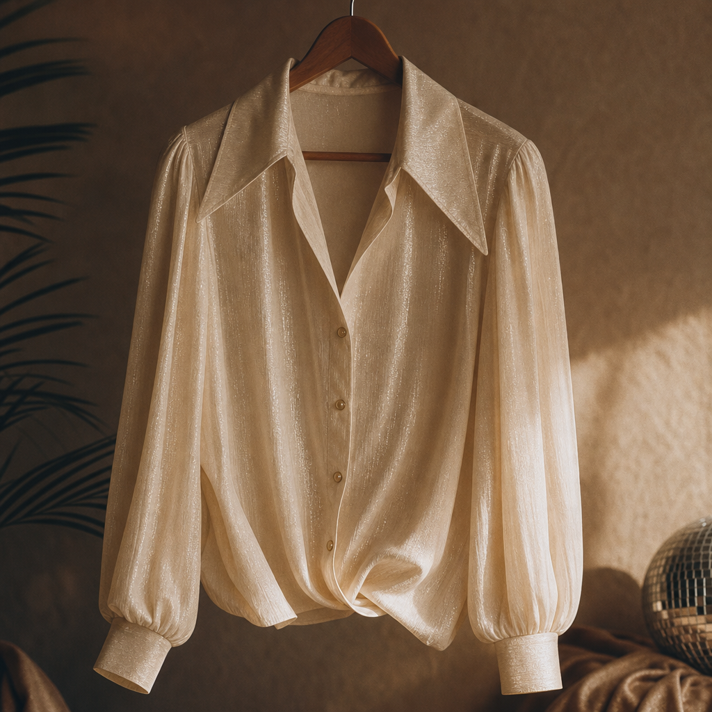 Ivory disco blouse with a subtle metallic sheen, wide collar, and billowy sleeves