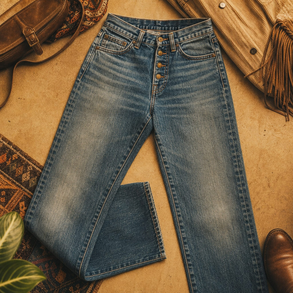 Faded indigo high-waisted denim jeans with a straight leg and brass button fly