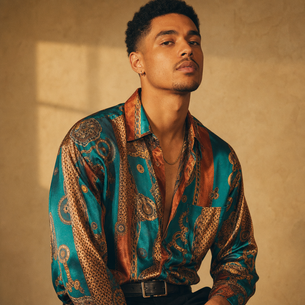 Portrait of a man with close-cropped curls wearing a patterned retro shirt
