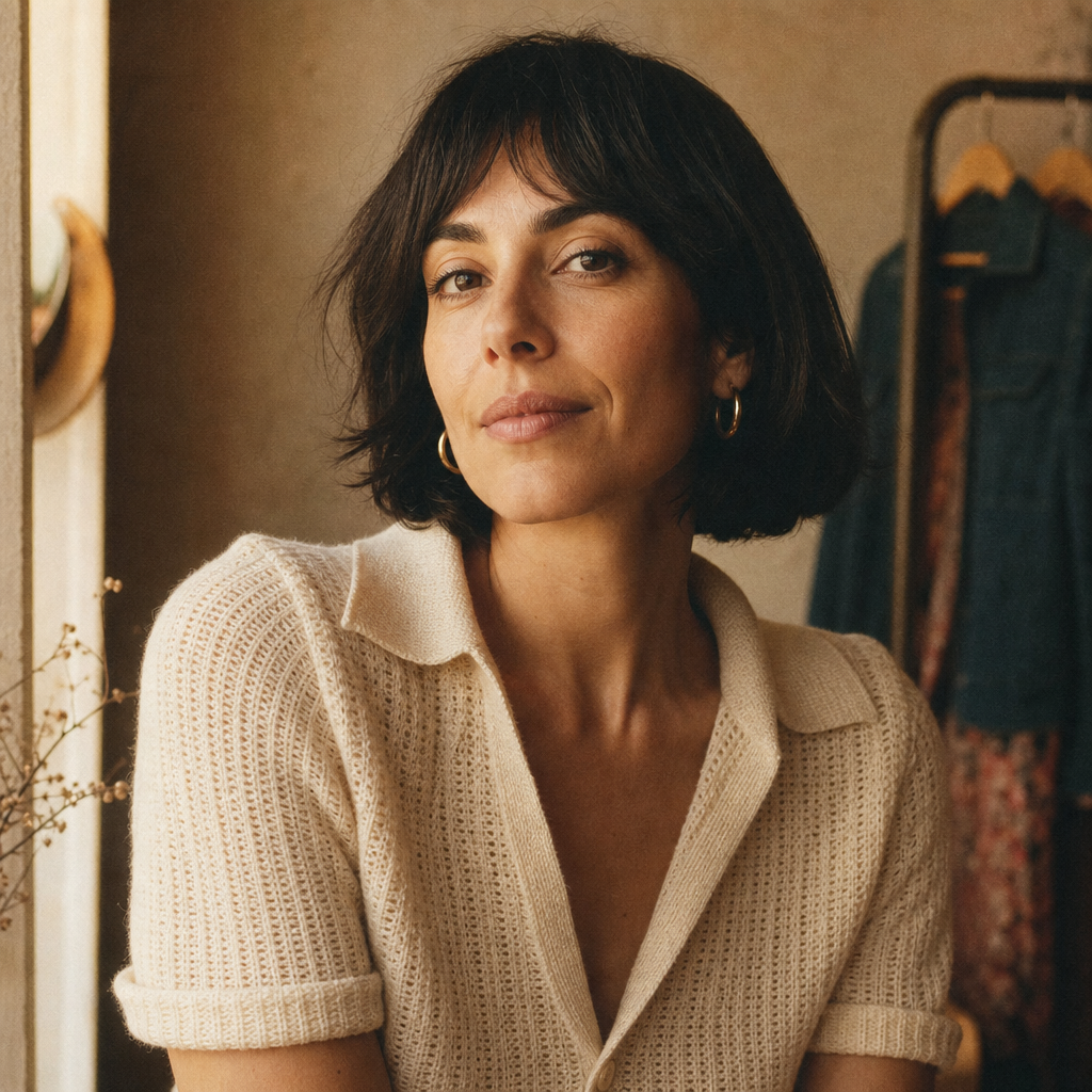 Portrait of a woman with short dark bob wearing a cream knit top