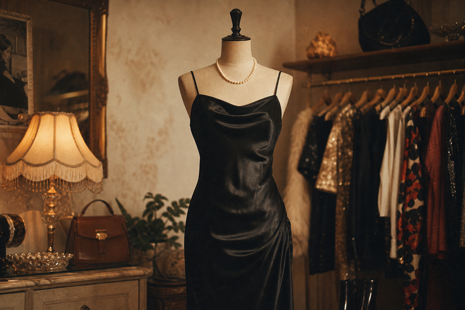 An 1980s black satin slip dress styled with a pearl necklace on a mannequin
