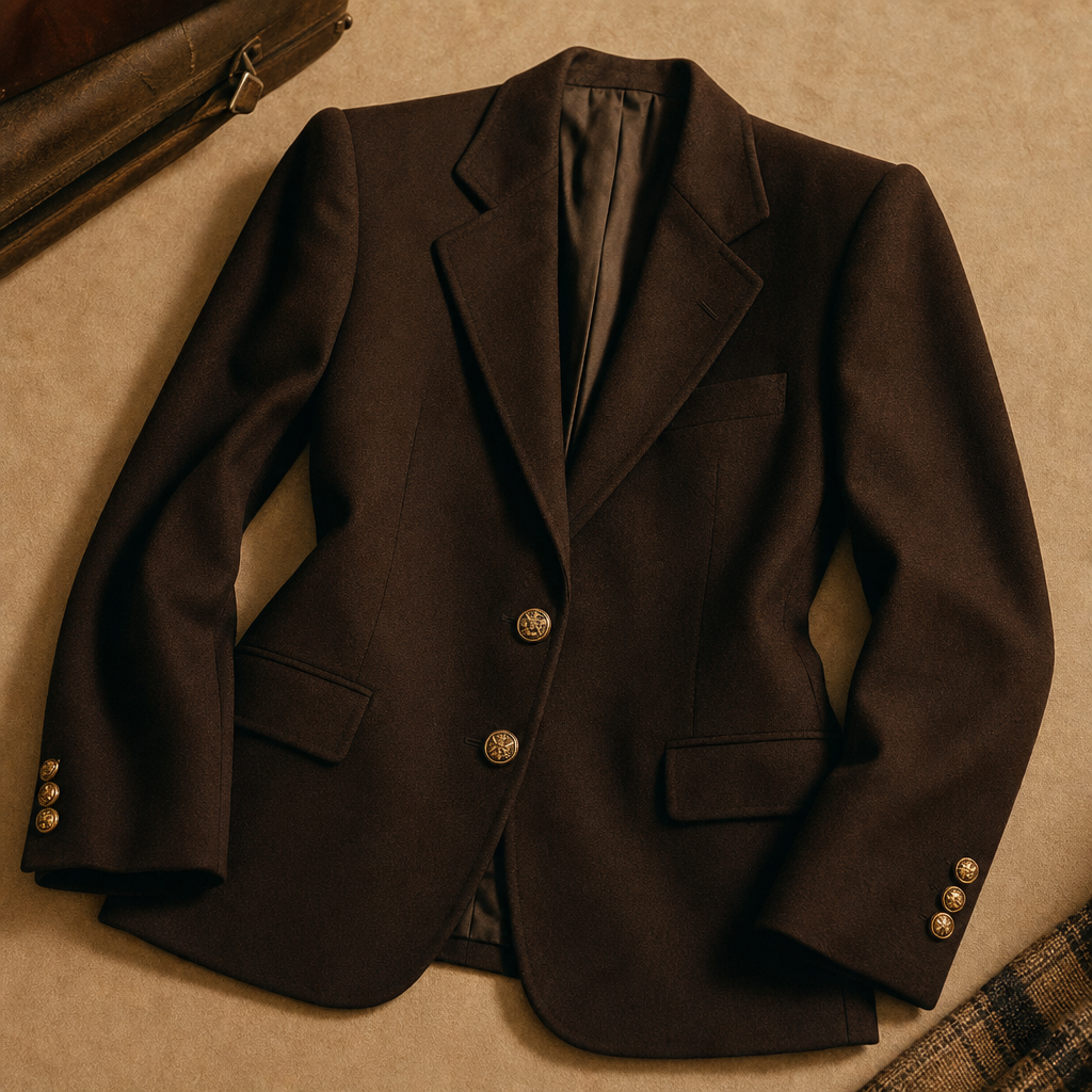 Deep espresso structured 80s blazer with padded shoulders and gold crest buttons