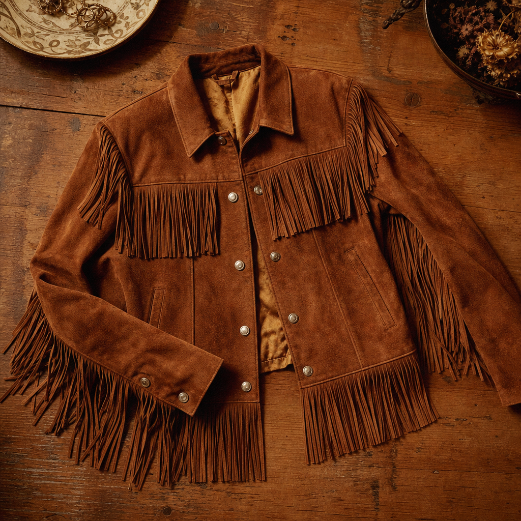 Warm chestnut suede fringe jacket with long fringe panels and metal snap buttons