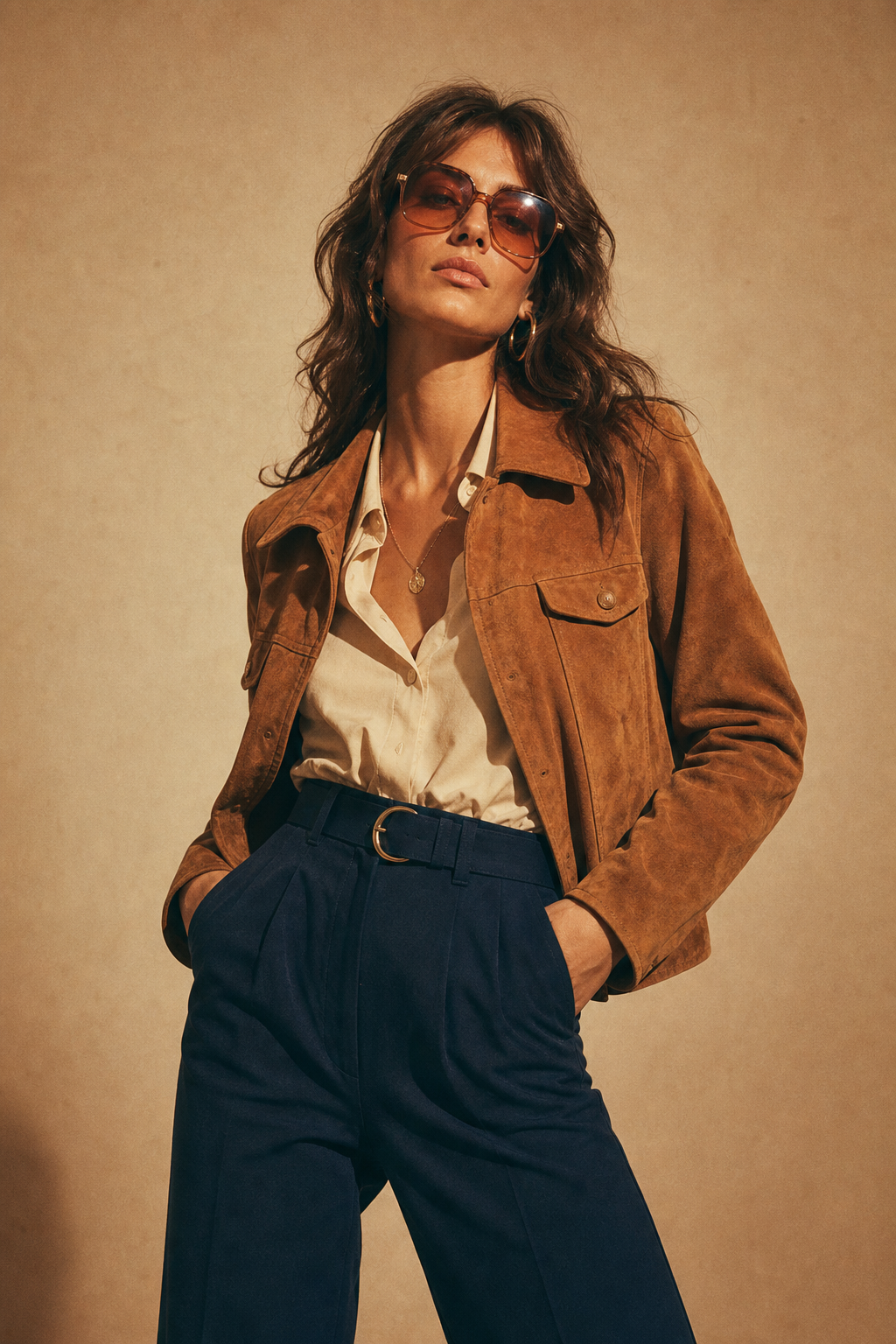 Studio portrait of a tall woman wearing a caramel suede jacket, high-waisted navy trousers, and oversized amber sunglasses, styled in a warm film photography aesthetic