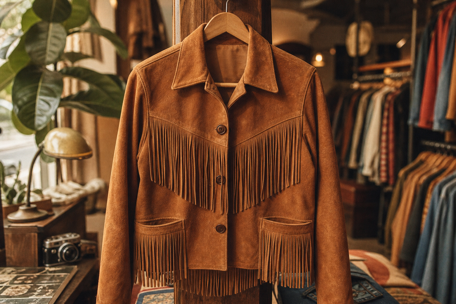 A caramel suede 1970s fringe jacket hanging in warm boutique light