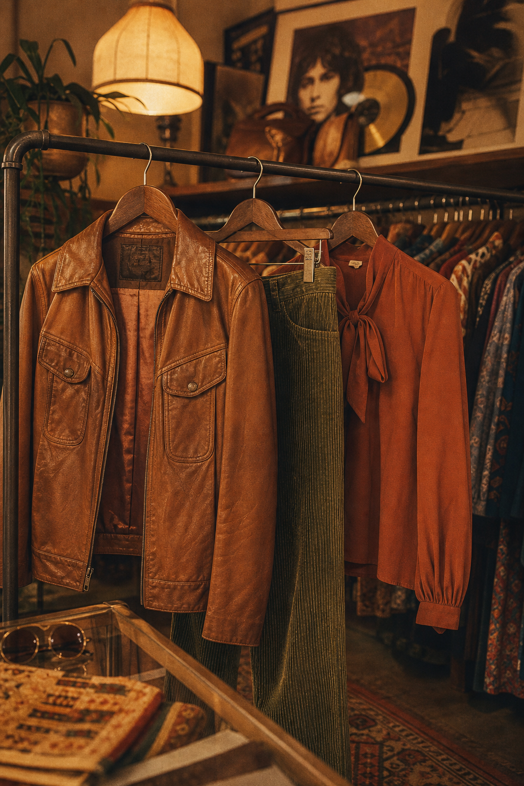 Warm film photograph of a vintage clothing rack featuring a caramel leather jacket, olive corduroy trousers, and a rust-orange blouse, styled in a boutique with soft grain texture