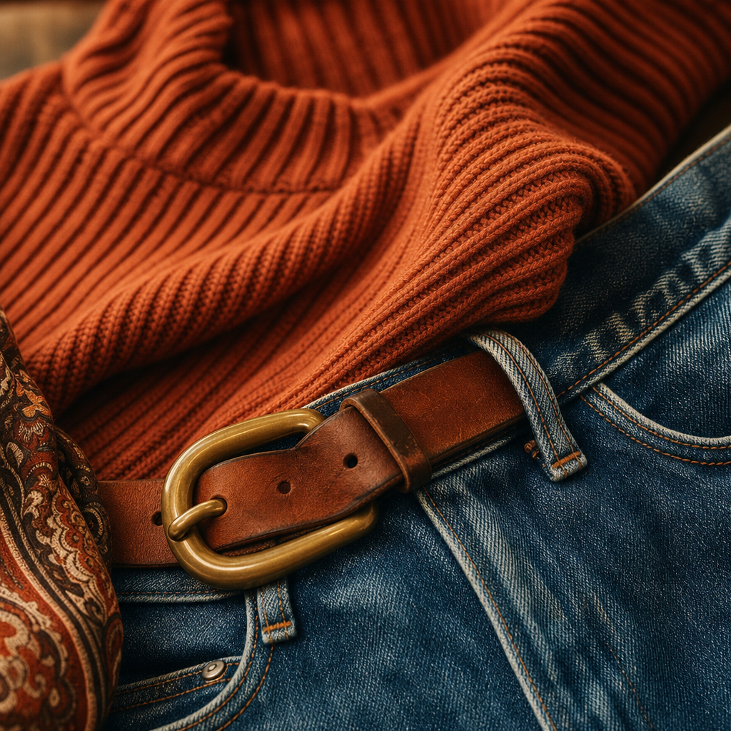 Close-up of a rust-orange ribbed knit sweater layered with a brass-buckled leather belt and vintage denim, lit with soft warm light