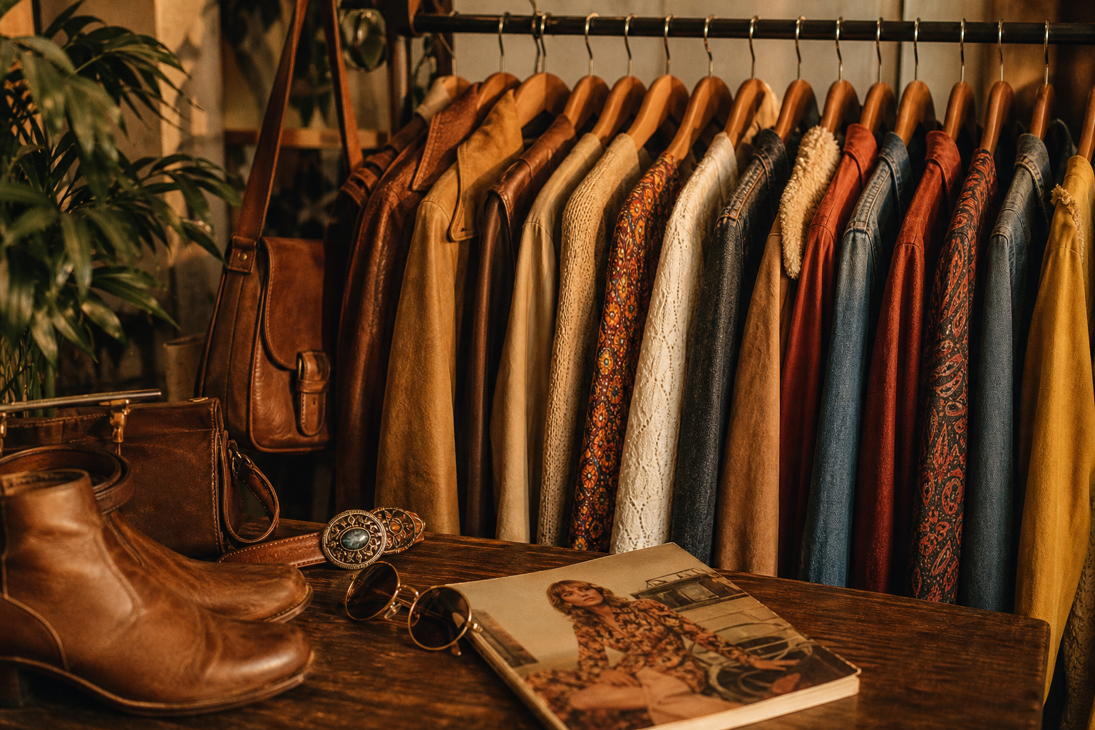 Warm, grainy photograph of a carefully styled rack of vintage garments in muted earth tones, paired with leather accessories and a retro magazine on a wooden table