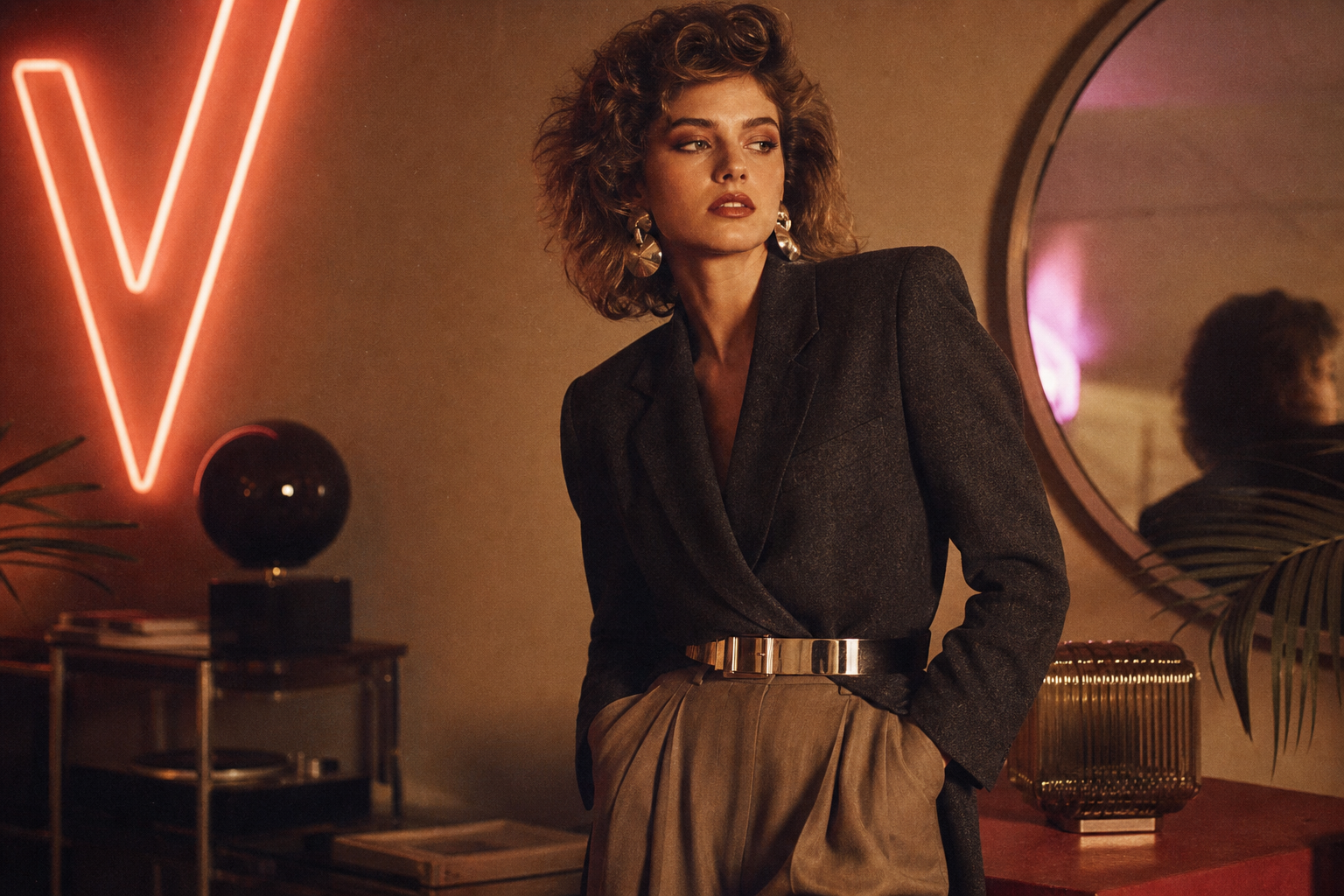 Warm, grainy photograph of a model in a structured blazer with strong shoulders, metallic belt, and high-waisted trousers in an 1980s-inspired studio