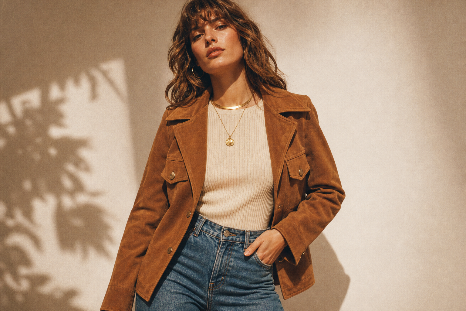 Studio editorial shot of a model in a caramel suede jacket and high-waisted denim against a warm cream backdrop