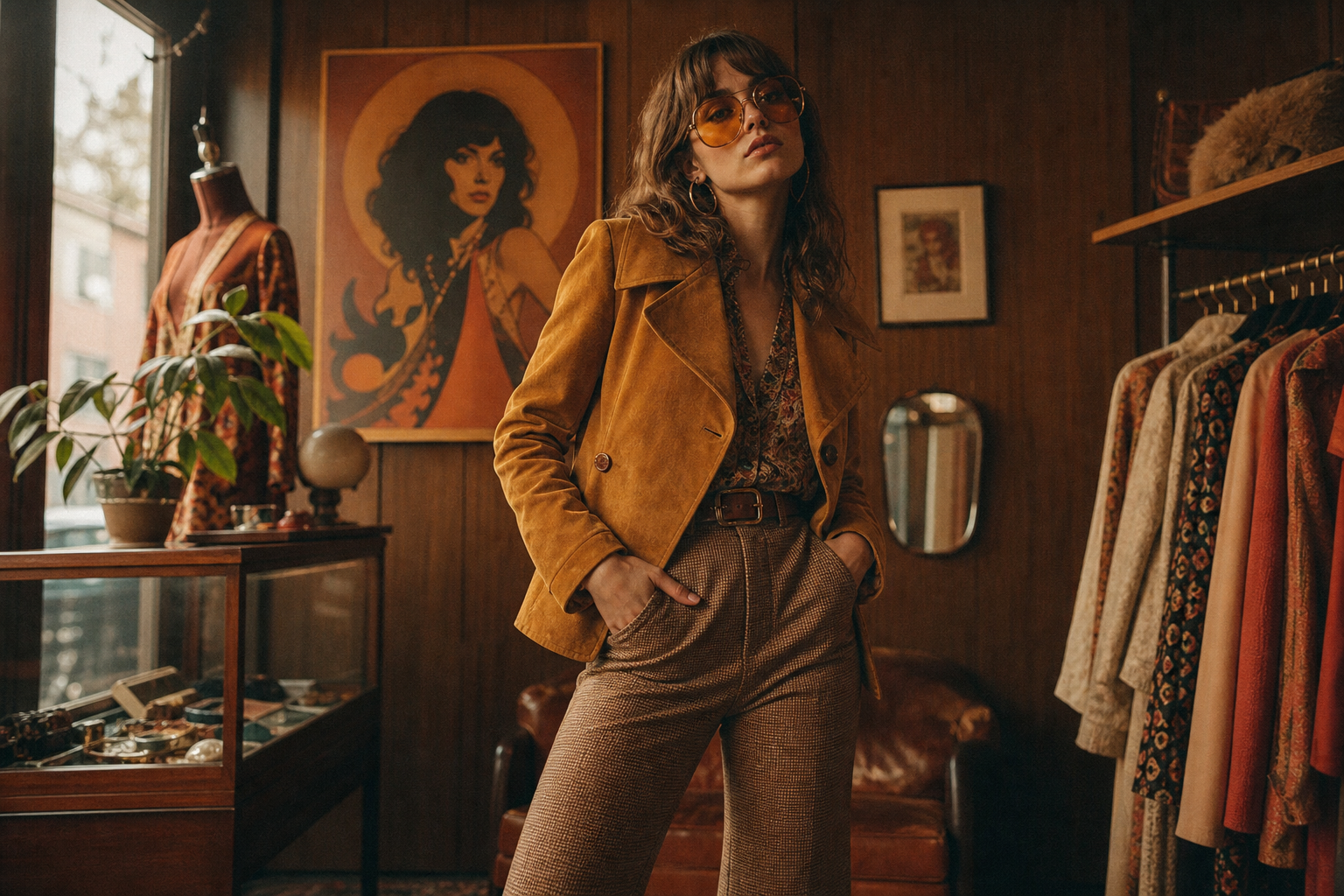 Warm, grainy photograph of a model wearing a mustard suede jacket with flared trousers and oversized sunglasses, styled in a 1970s boutique interior