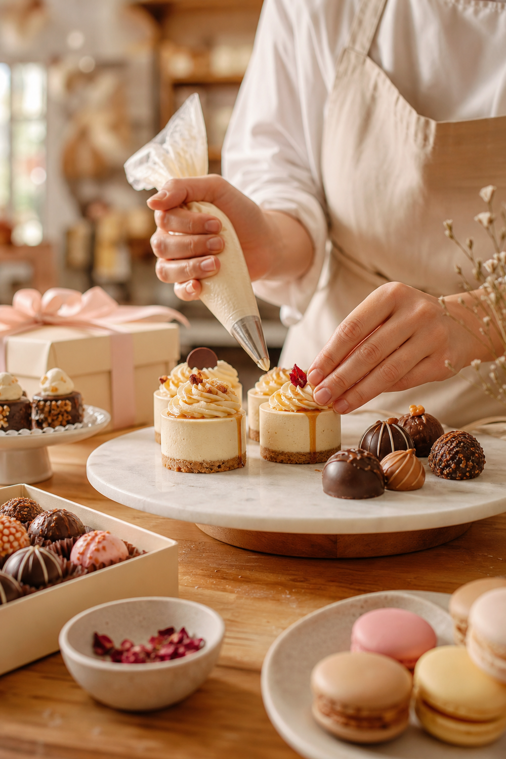 Warm confectionery worktable with elegant pastries being finished by hand