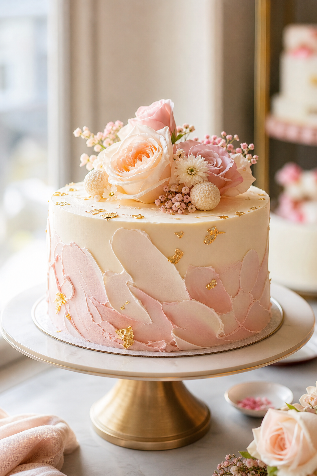 Beautifully styled artisan celebration cake with soft frosting textures and refined garnish