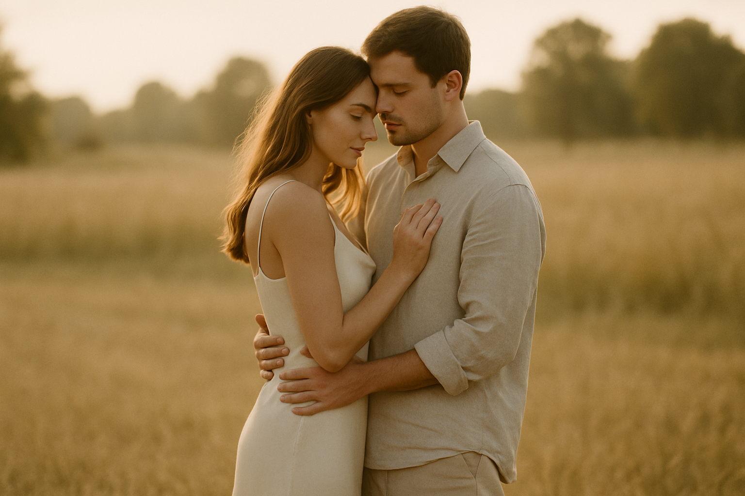 A couple embracing in soft golden natural light, captured in a warm, cinematic editorial style