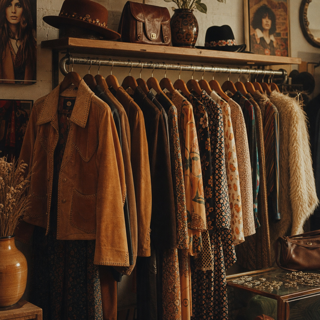 Warm film-style photo of a vintage clothing rack with earth-toned jackets, patterned dresses, and retro accessories