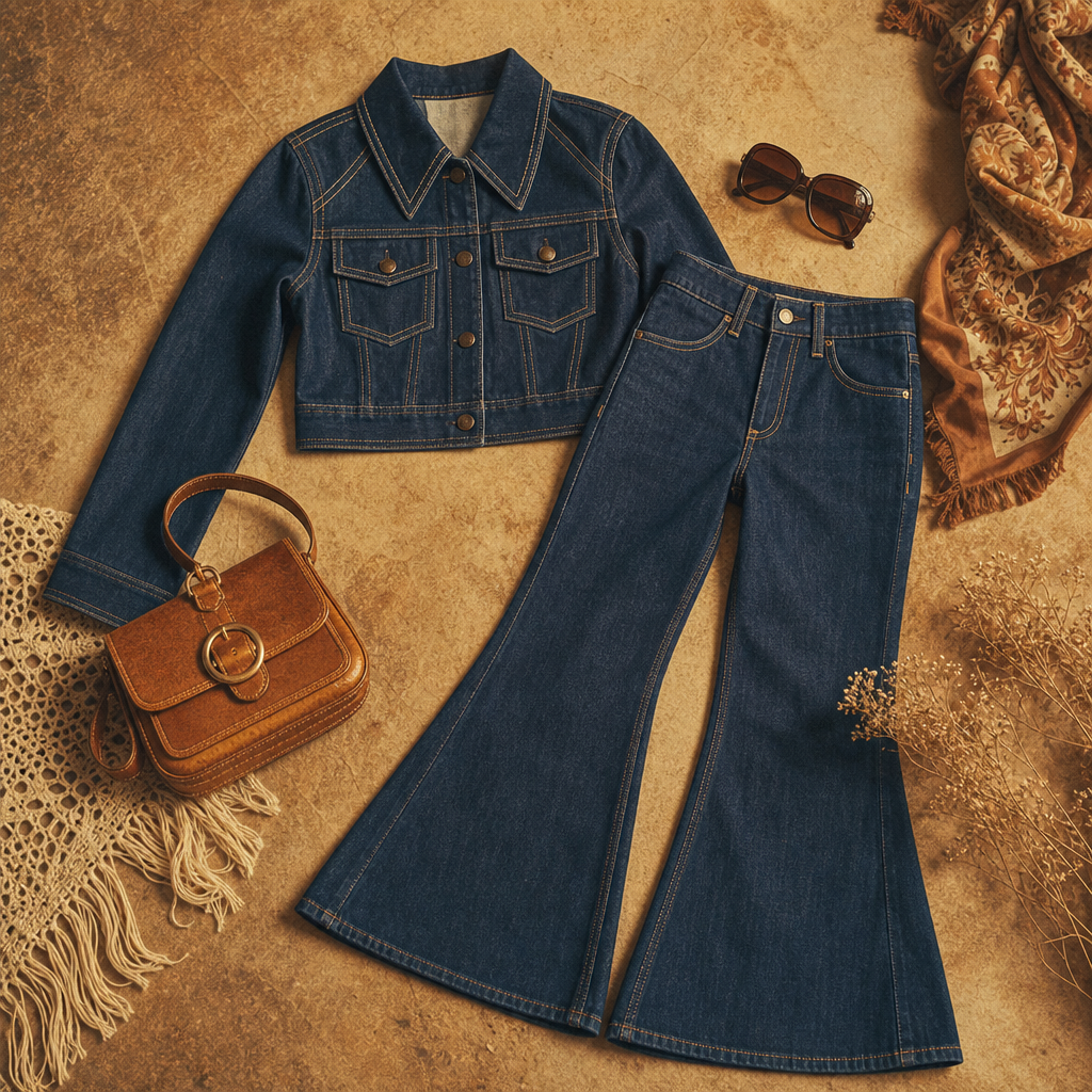 Indigo 1970s denim set with flared pants, contrast stitching, and a cropped jacket