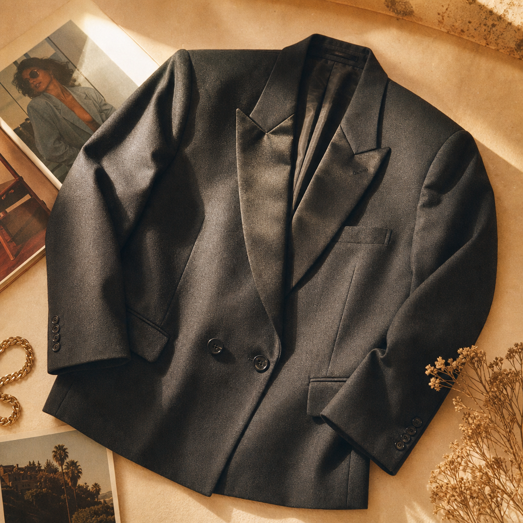 Charcoal 1980s oversized power blazer with sharp shoulders and satin lapels