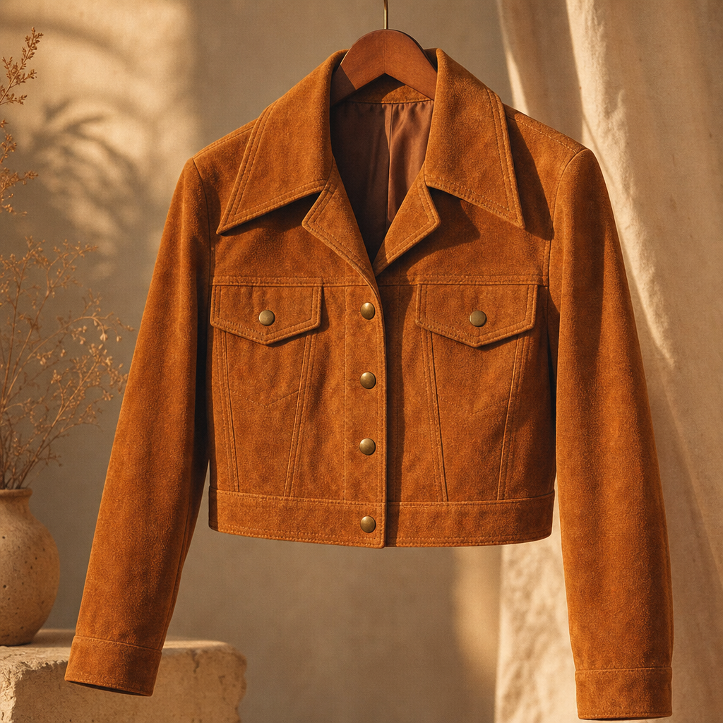 Burnt caramel 1970s cropped suede jacket with wide collar and brass snap buttons