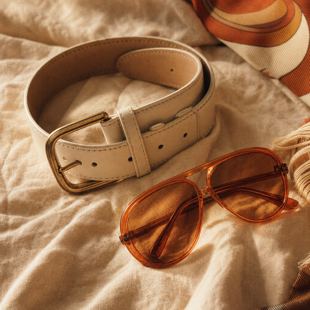 Flat-lay of a cream leather belt, brass buckle, and retro sunglasses on warm linen with a nostalgic film grain