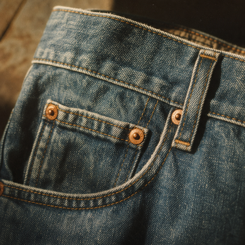 Close-up of faded indigo 1980s denim with copper rivets and a stitched pocket, lit with warm afternoon light
