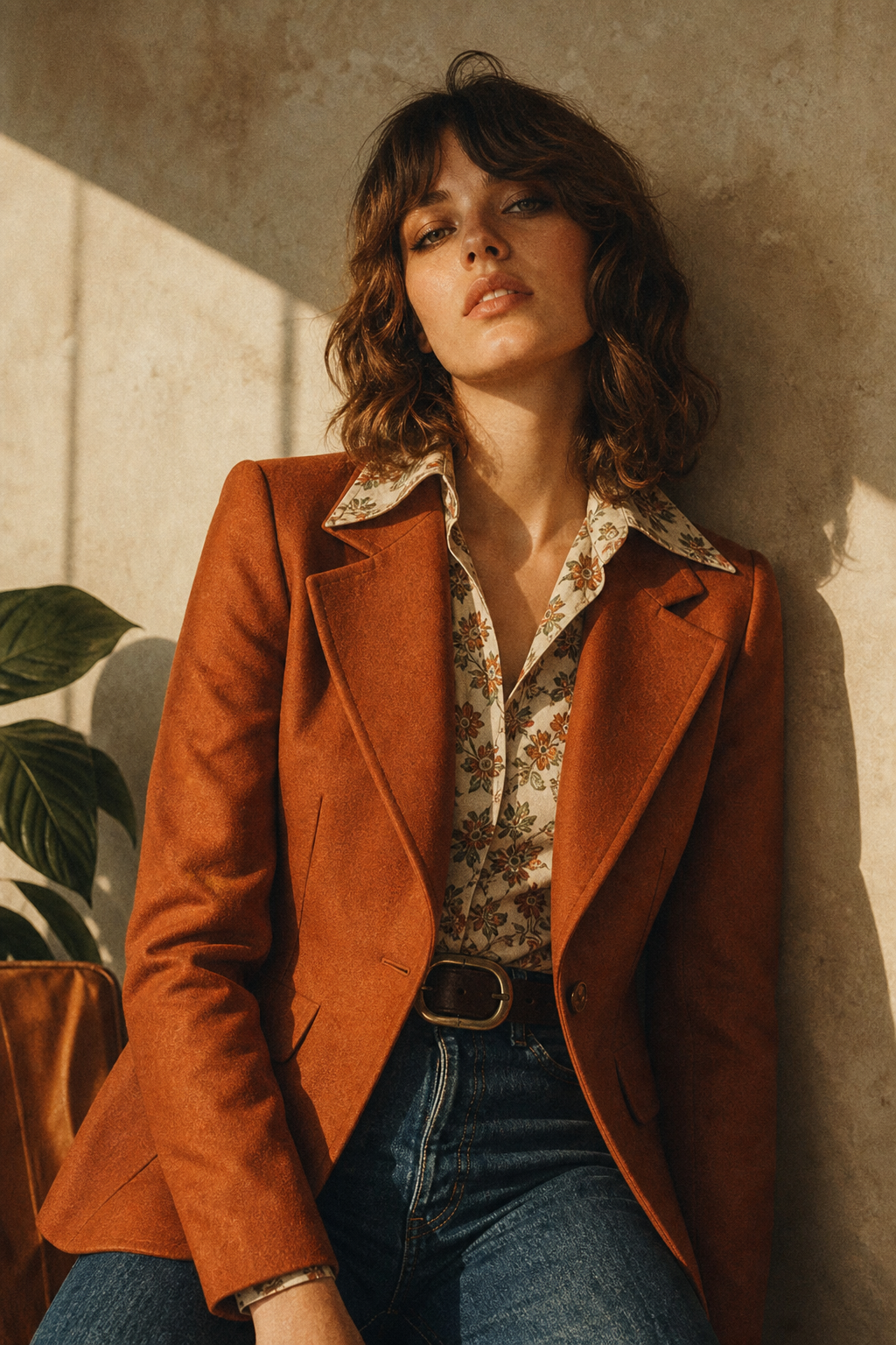 Warm film-style portrait of a model in a burnt orange 1970s blazer with wide lapels, soft grain texture, and sunlight hitting a textured studio wall