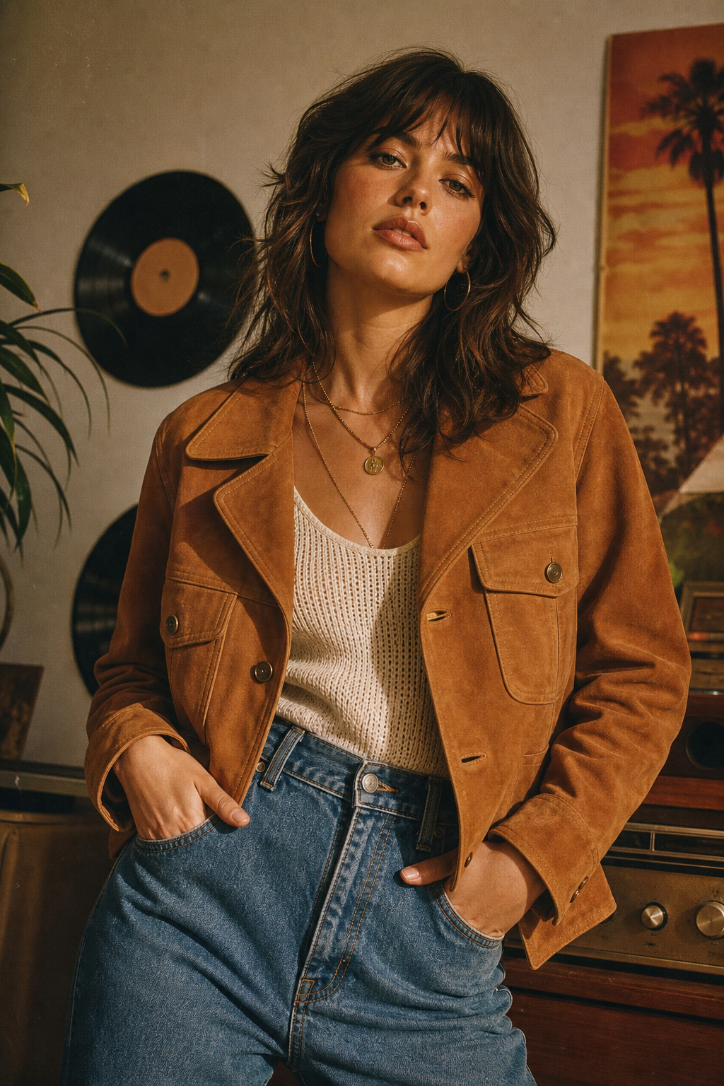 Vintage model wearing a caramel suede jacket and high-waisted denim in a warm studio with film grain texture