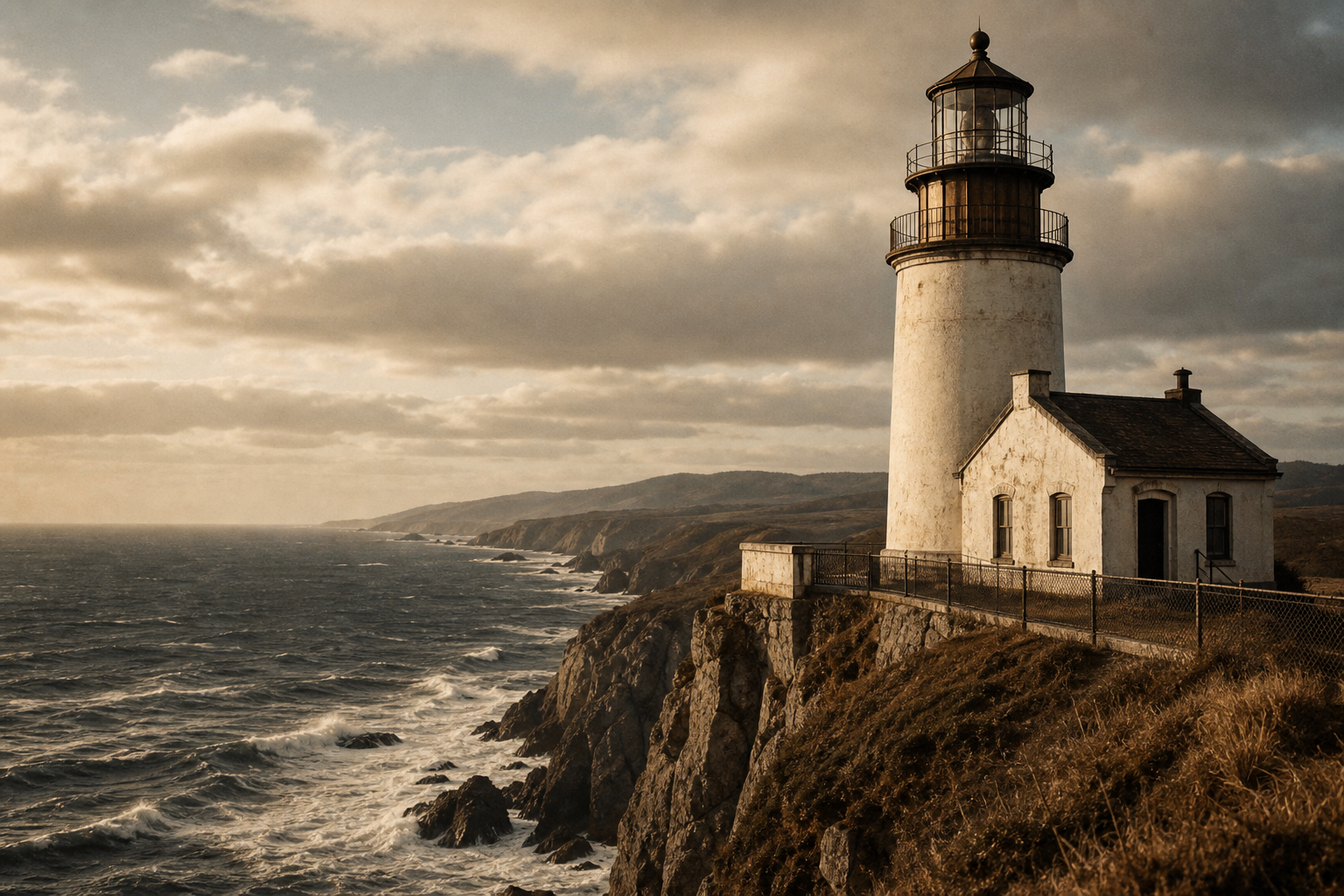 Cliffside lighthouse structure above dark breaking surf