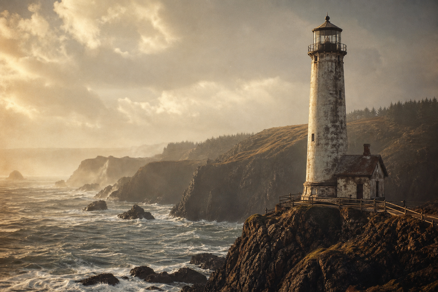 Historic stone lighthouse on a rugged northern shoreline in misty late-afternoon light, with wind-brushed sea and weathered cliffs