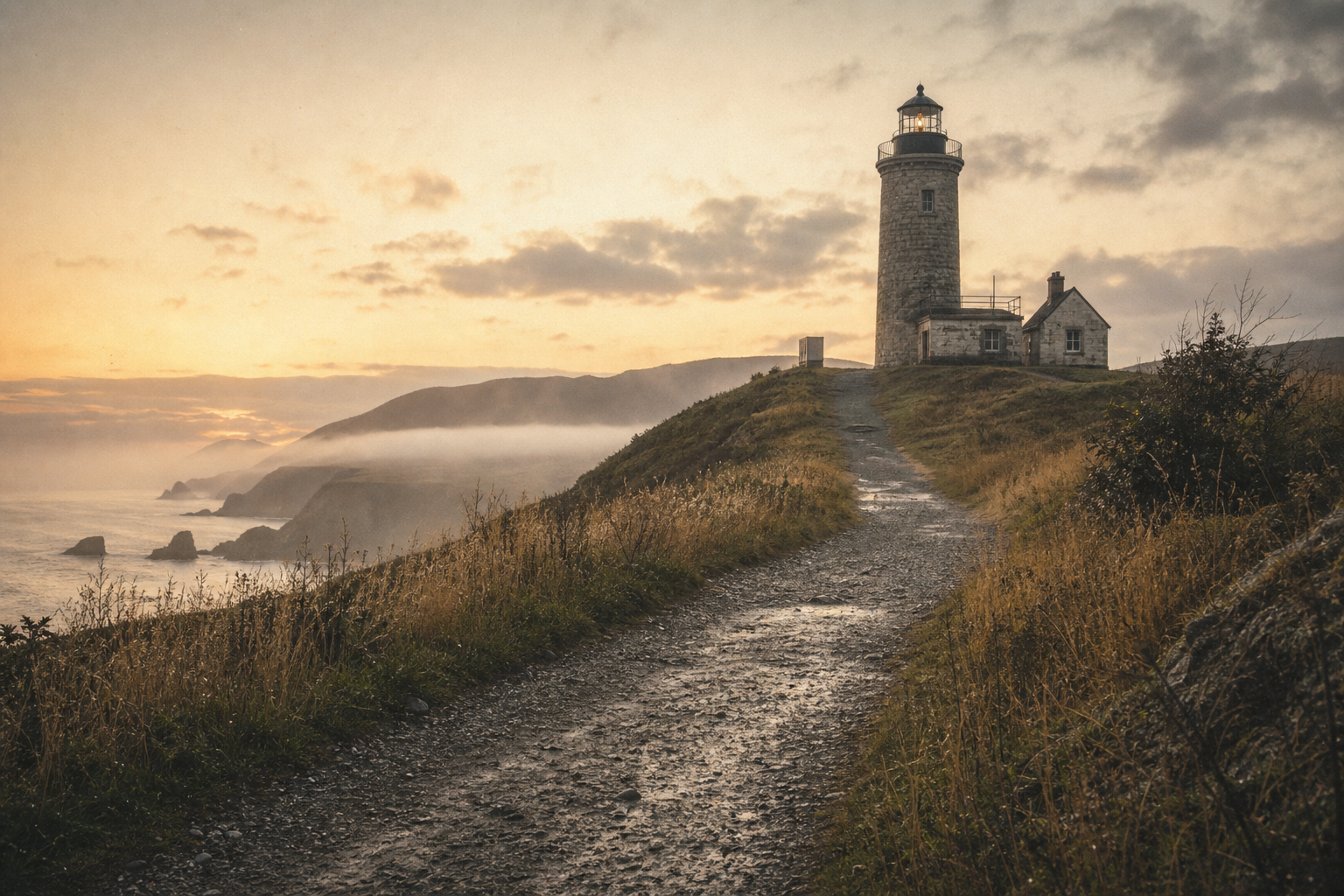 Narrow coastal path leading to a lighthouse tower at dawn with soft mist and warm sky
